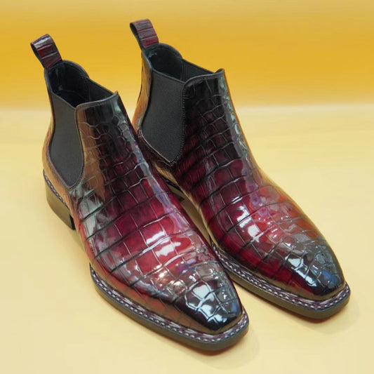 Crocodile Shoes, Men's Norwegian Stitch Vintage Red Crocodile Leather Chelsea Boots