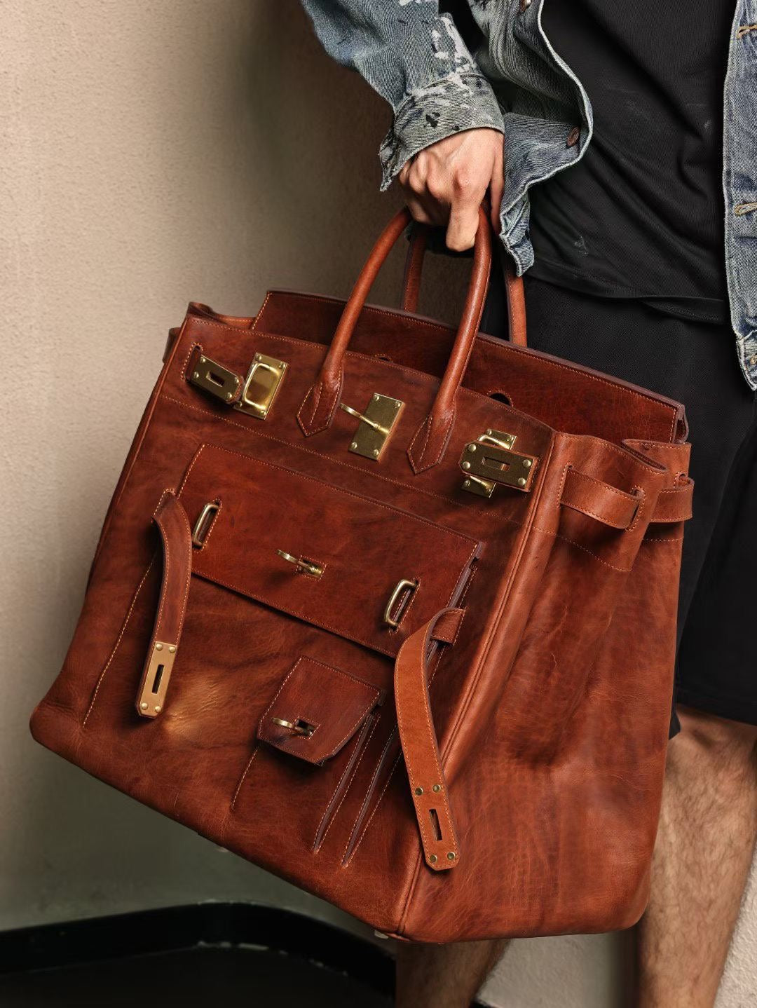 Genine Washed Vintage Cordovan Leather Extra Large Super Big Bag, Jumbo Storage Padlock Business Handbags Office Business Travel Bags