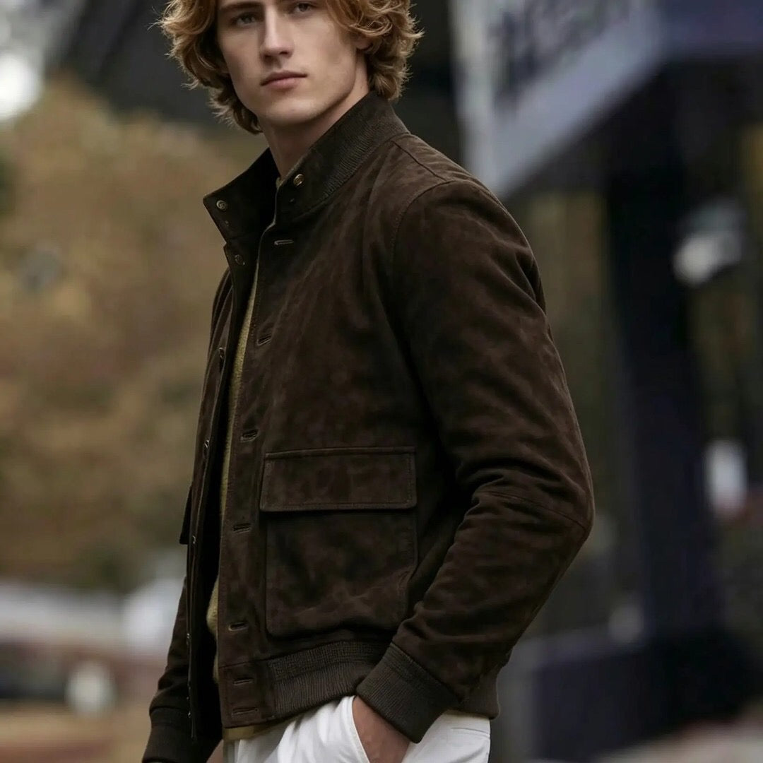 Men's Chocolate Suede Bomber Jacket With High-Neck Men's Coat