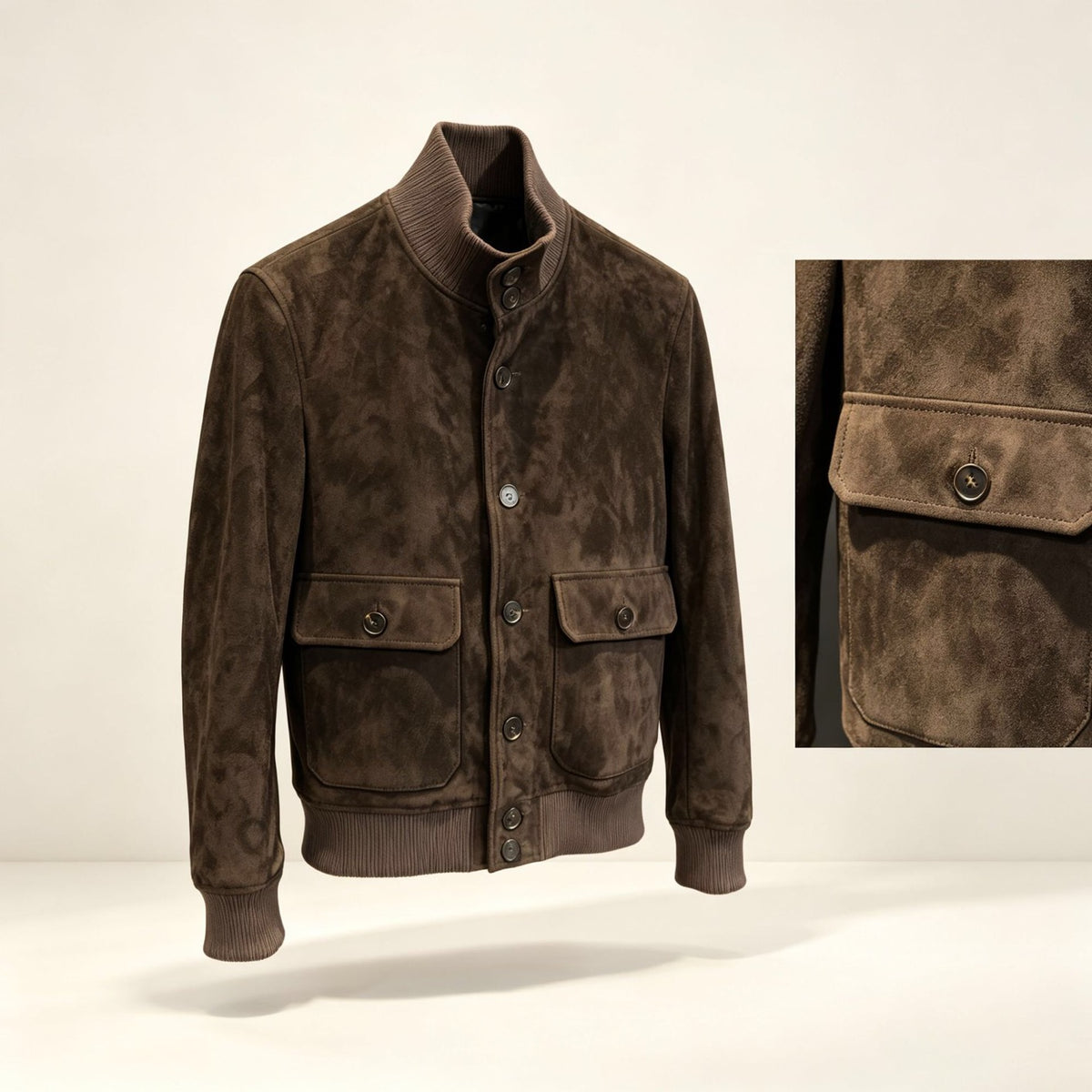 Men's Chocolate Suede Bomber Jacket With High-Neck Men's Coat