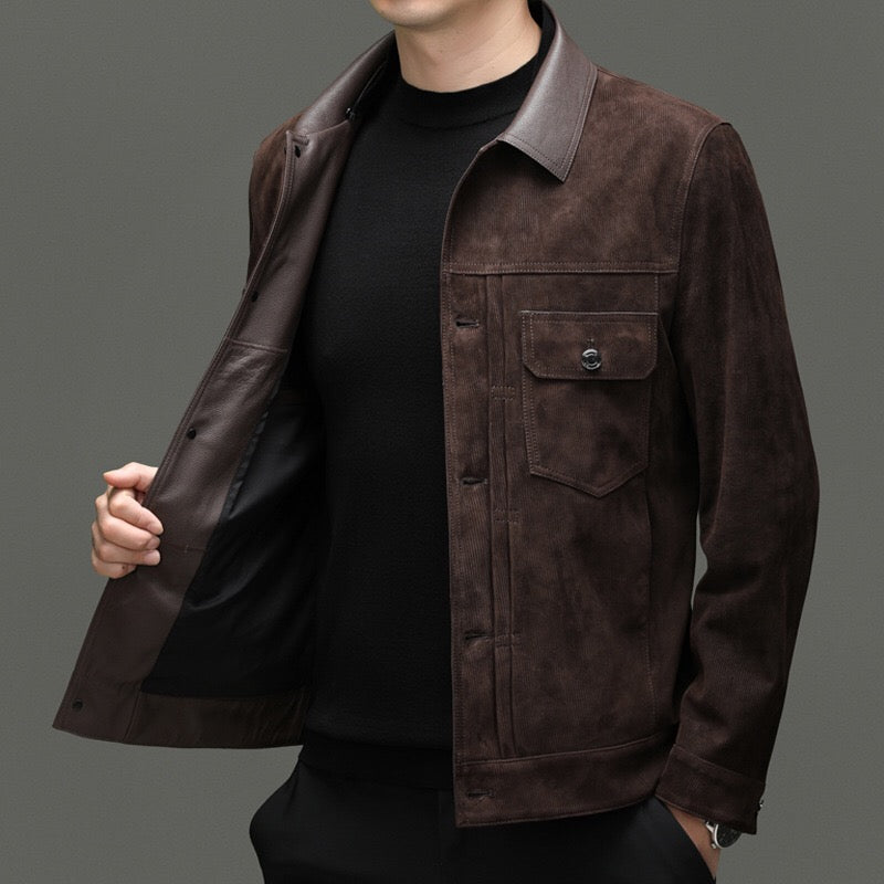 Men's Trucker Leather Jacket, Leather-Trimmed Suede Trucker Zip Up Jacket