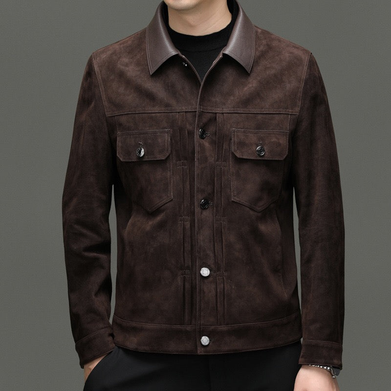 Men's Trucker Leather Jacket, Leather-Trimmed Suede Trucker Zip Up Jacket