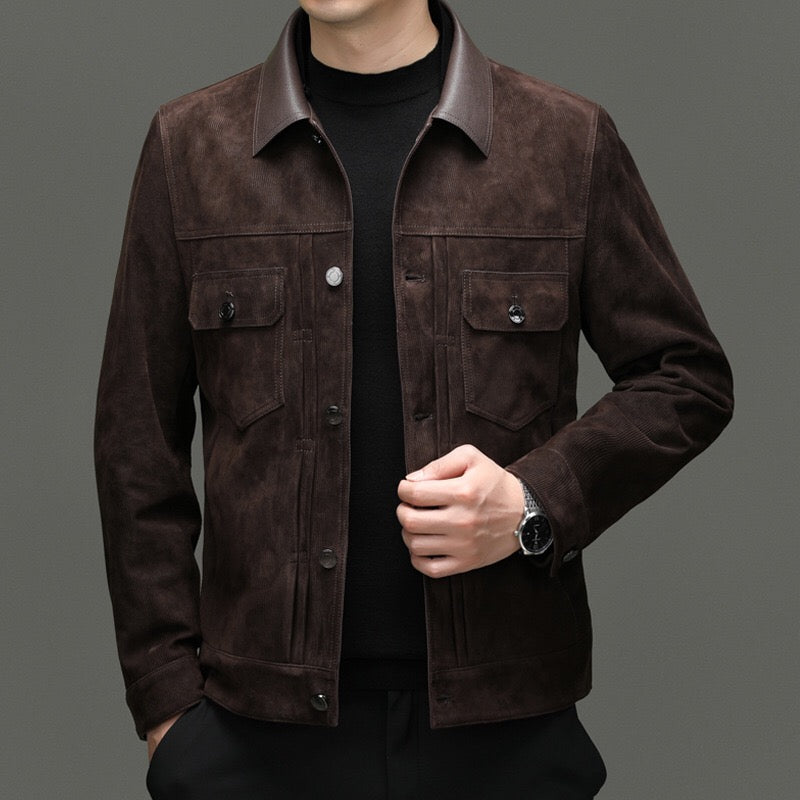 Men's Trucker Leather Jacket, Leather-Trimmed Suede Trucker Zip Up Jacket