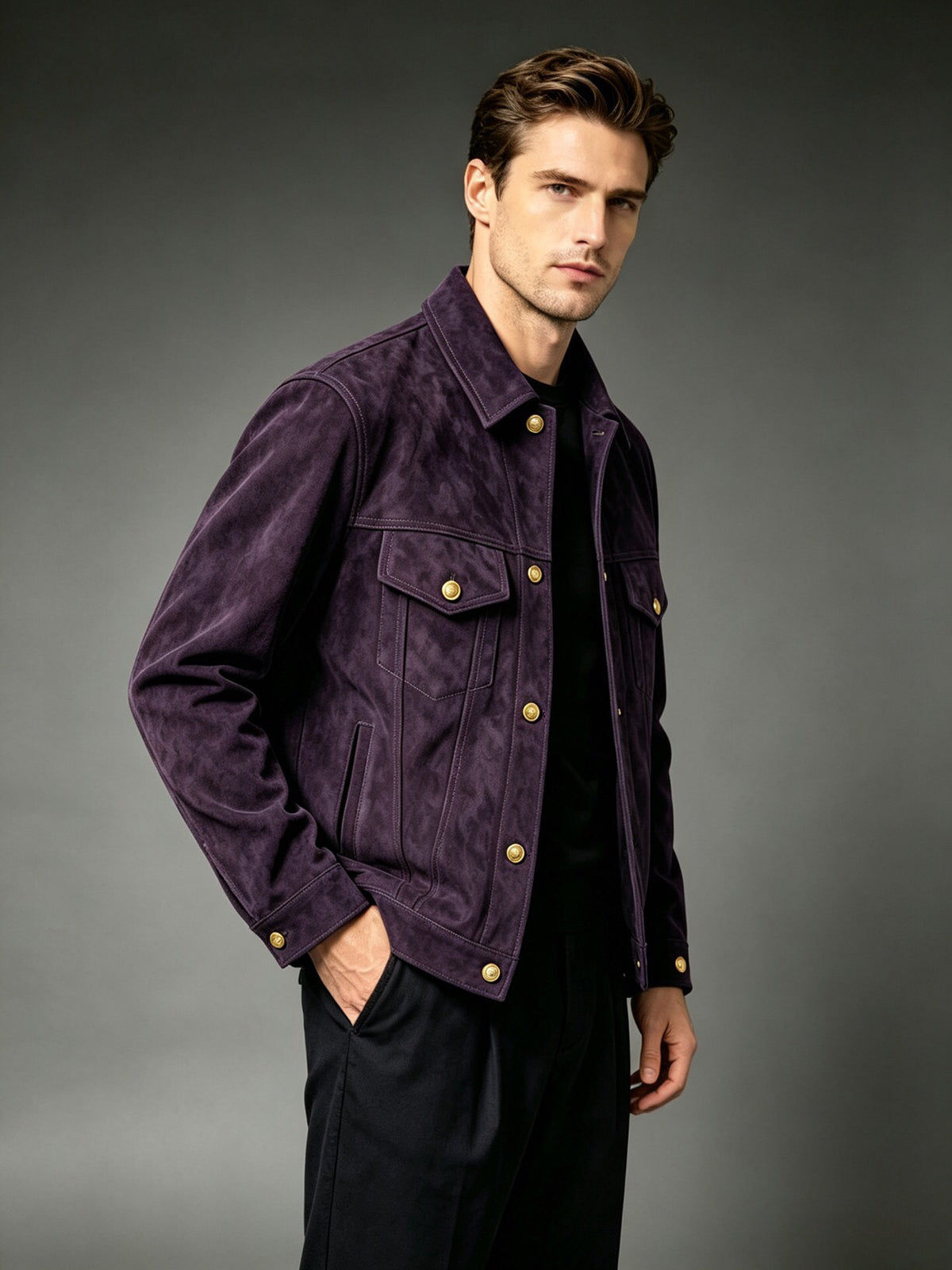 Mens's Suede Leather Tracker Jacket In Deep Purple