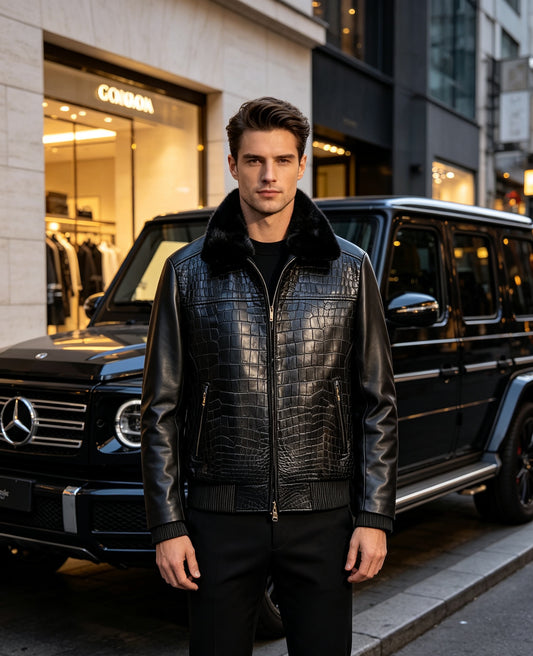 Crocodile & Lambskin Leather Jacket Black