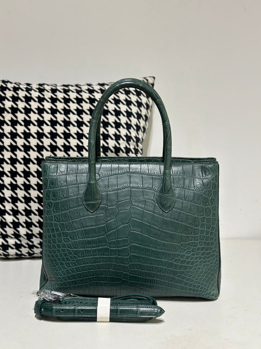 Crocodile Leather Top Handle Bag Dark Green