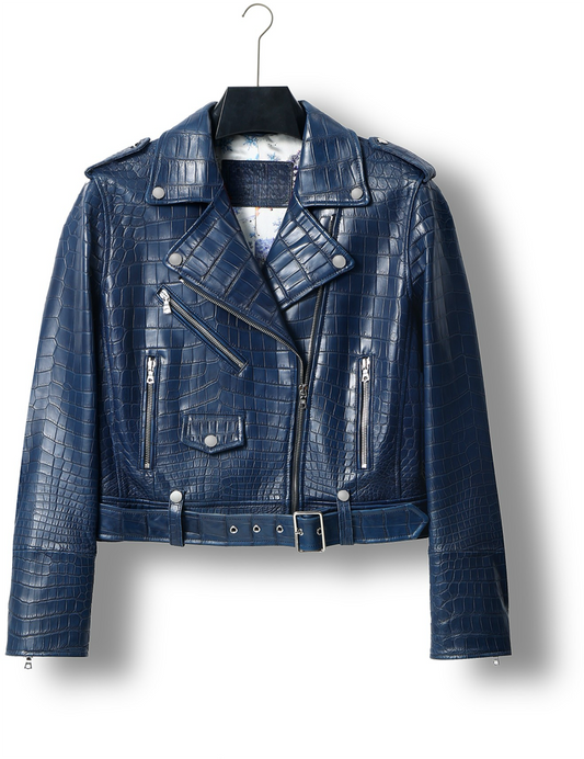 Womens Crocodile Leather BIiker Perfecto Jacket Blue