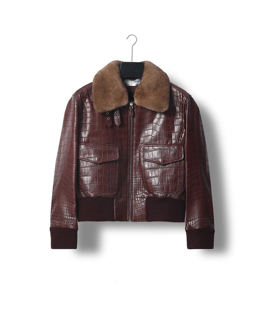 Unisex Crocodile Skin Leather Jacket With Removable Mint Fur Collar Biker Jackets