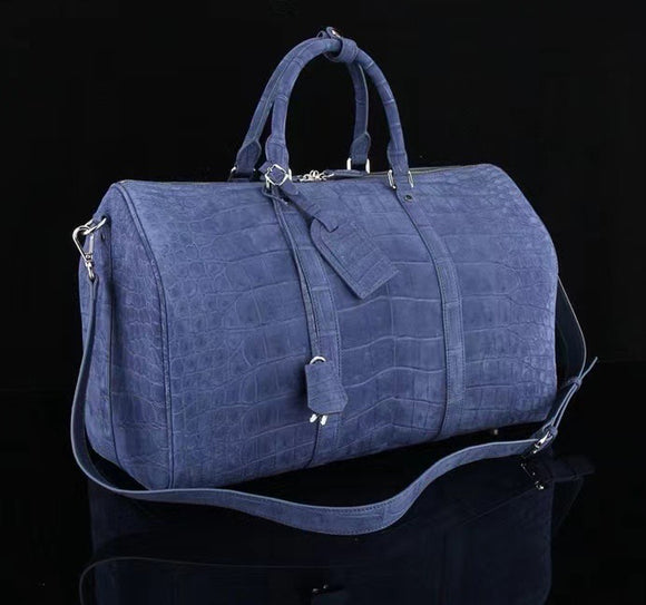 Men's Sanded Crocodile Leather Large Travel Duffle Bag Dark Blue