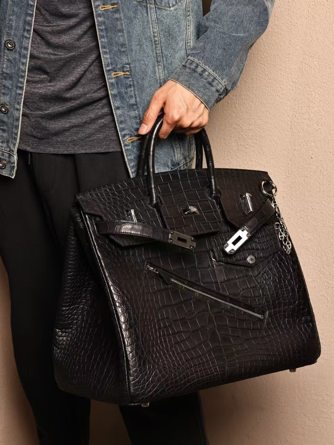 Men's Crocodile Leather Large Top Handle Bag Black