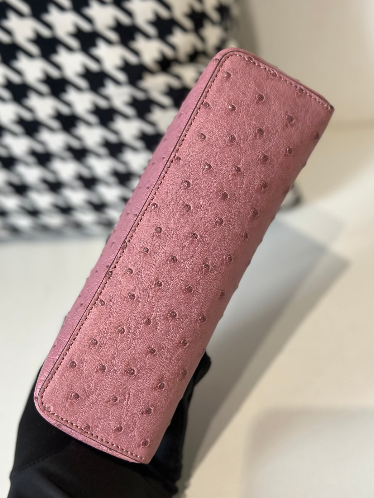 Genuine Ostrich Skin Leather Zipper Cosmetic Handle Bag