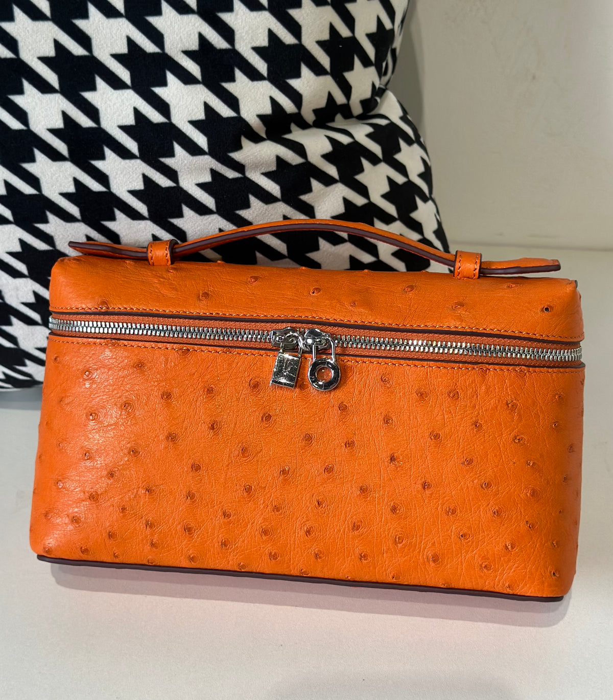 Genuine Ostrich Skin Leather Zipper Cosmetic Handle Bag