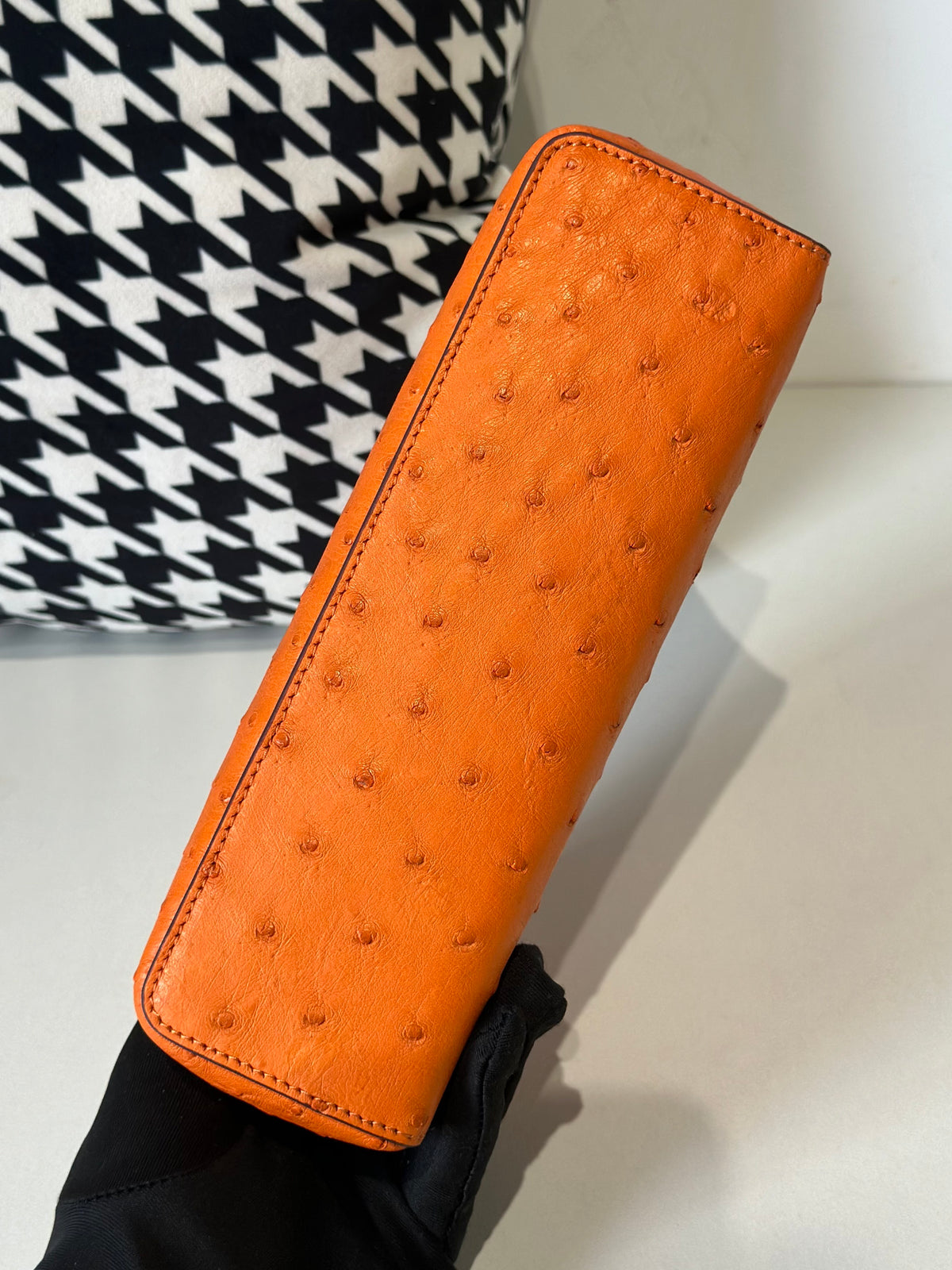 Genuine Ostrich Skin Leather Zipper Cosmetic Handle Bag