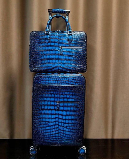 Retro Vintage Crocodile Leather Trolley/Roll Aboard Suitcase Weekend/Travel Bag Trolley Case Universal Wheels 20-Inch With Briefcase Sets