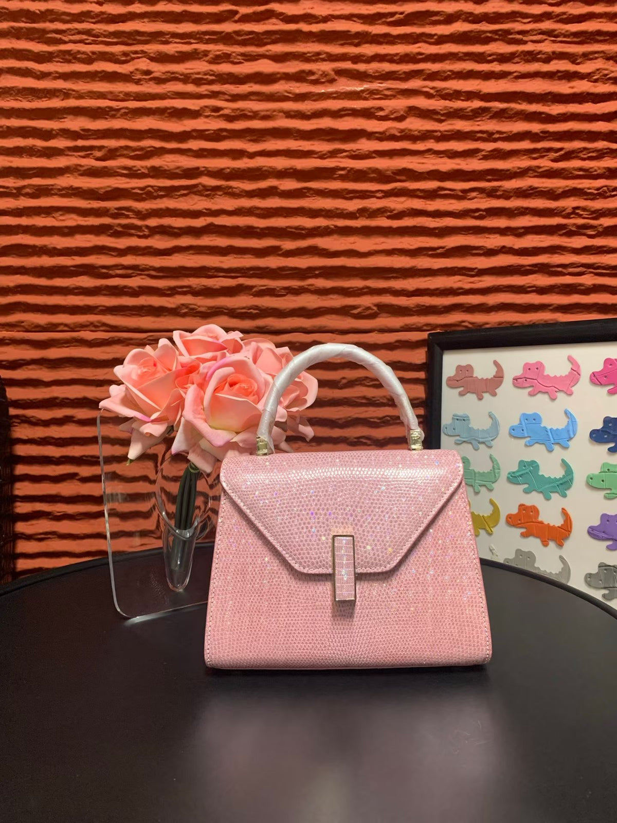 Women's Pink Sakura Lizard Skin Leather Top Handle Bags