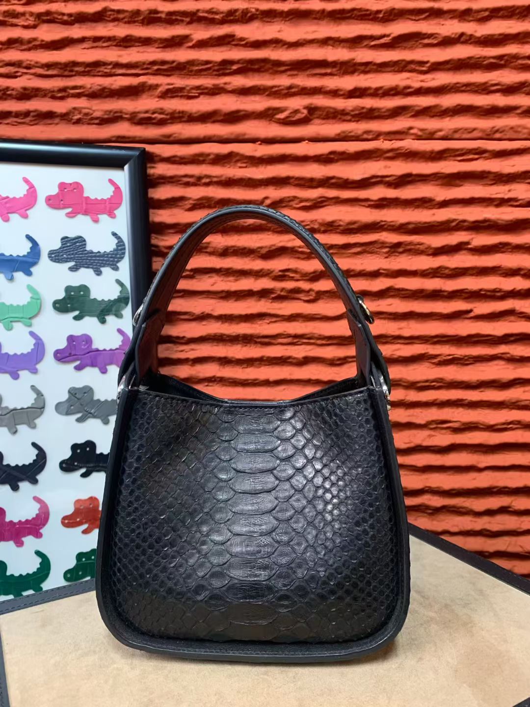 Genuine Python Skin Leather Underarm Cross Body Handle Bag Black