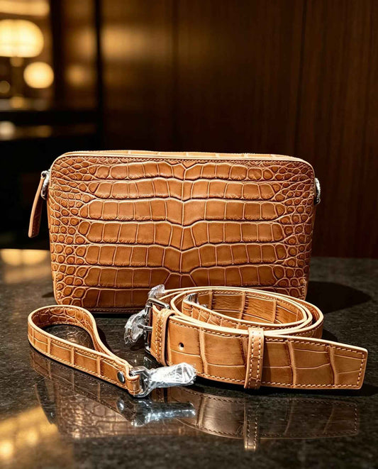 Genuine Crocodile Skin Leather Shoulder Chest Cross Body Clutch Bag Tan
