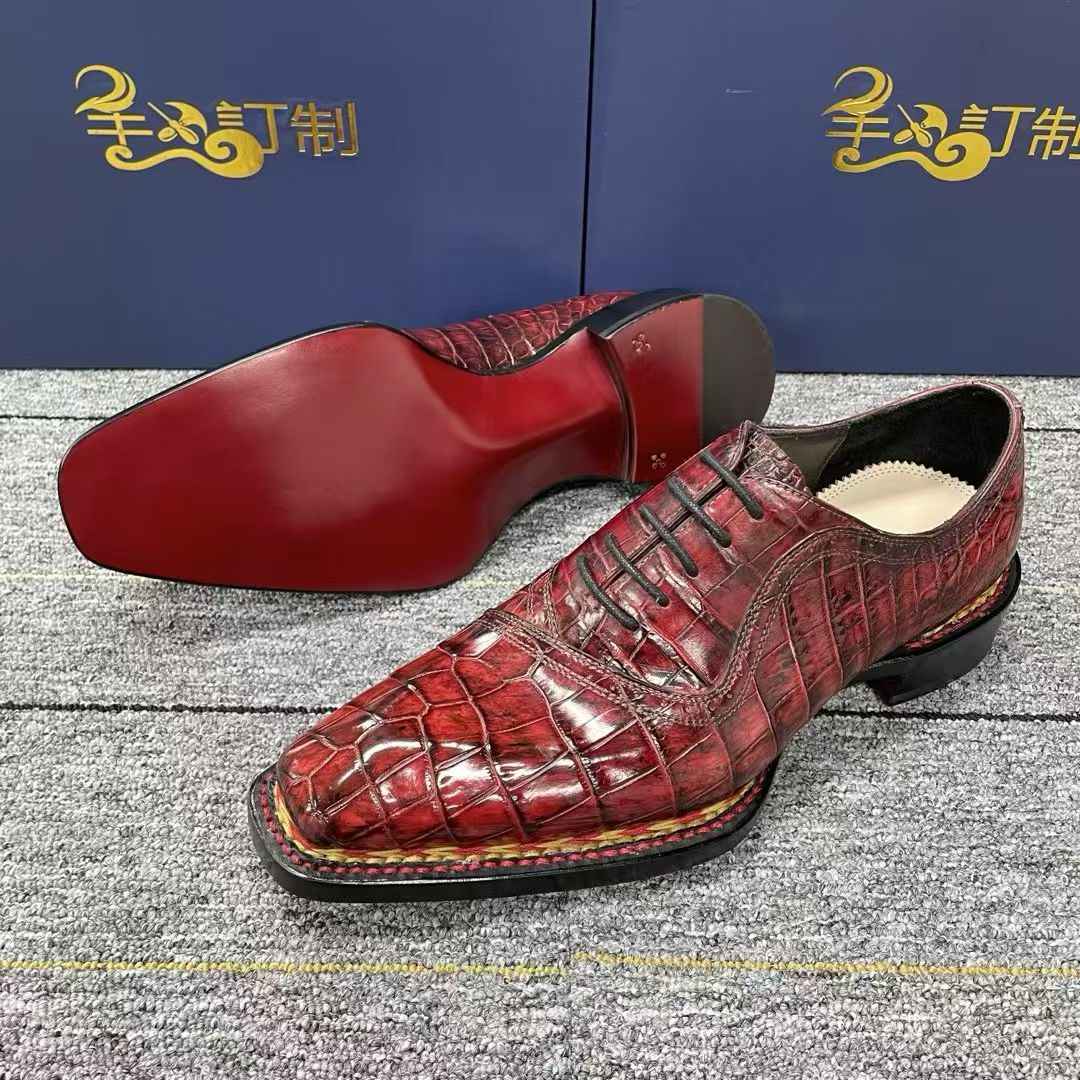 Crocodile Shoes, Men's Vintage Wine Red Norwegian Lace-Up Business Shoes