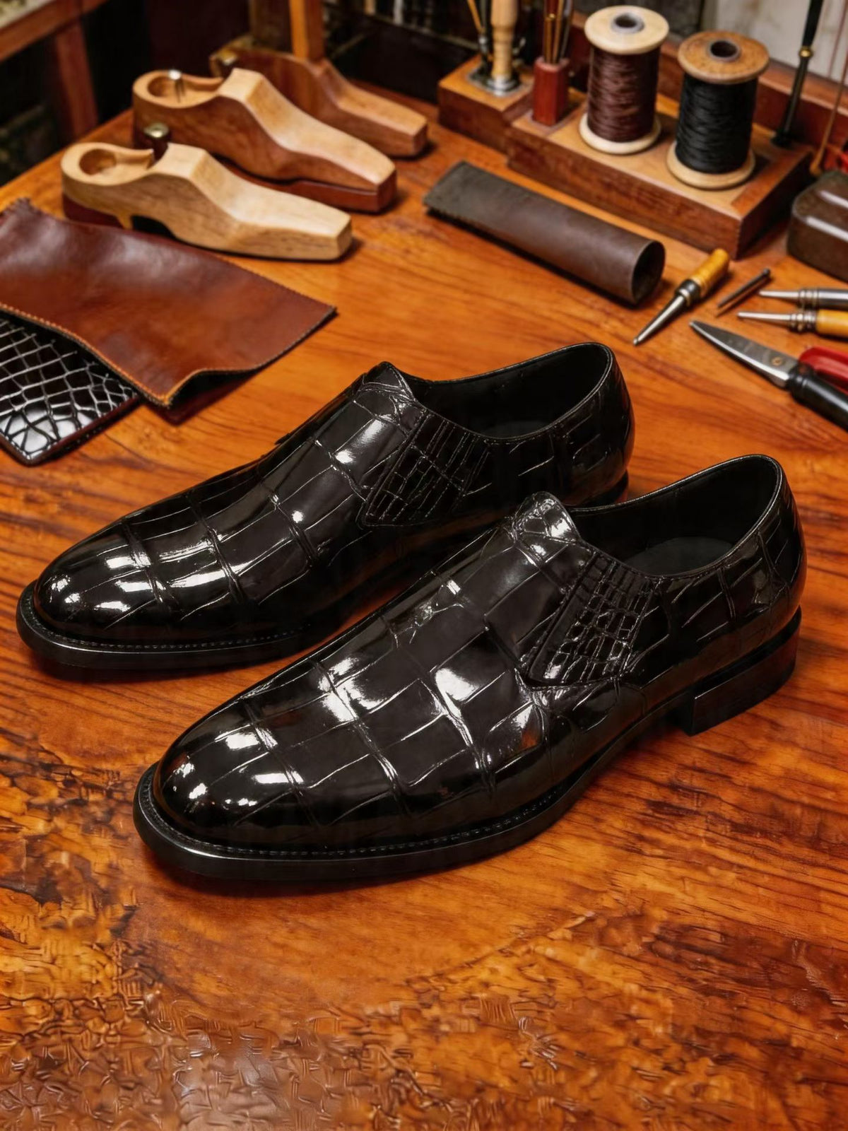 Crocodile Shoes Men's Crocodile Leather Loafer Dress Shoes Black