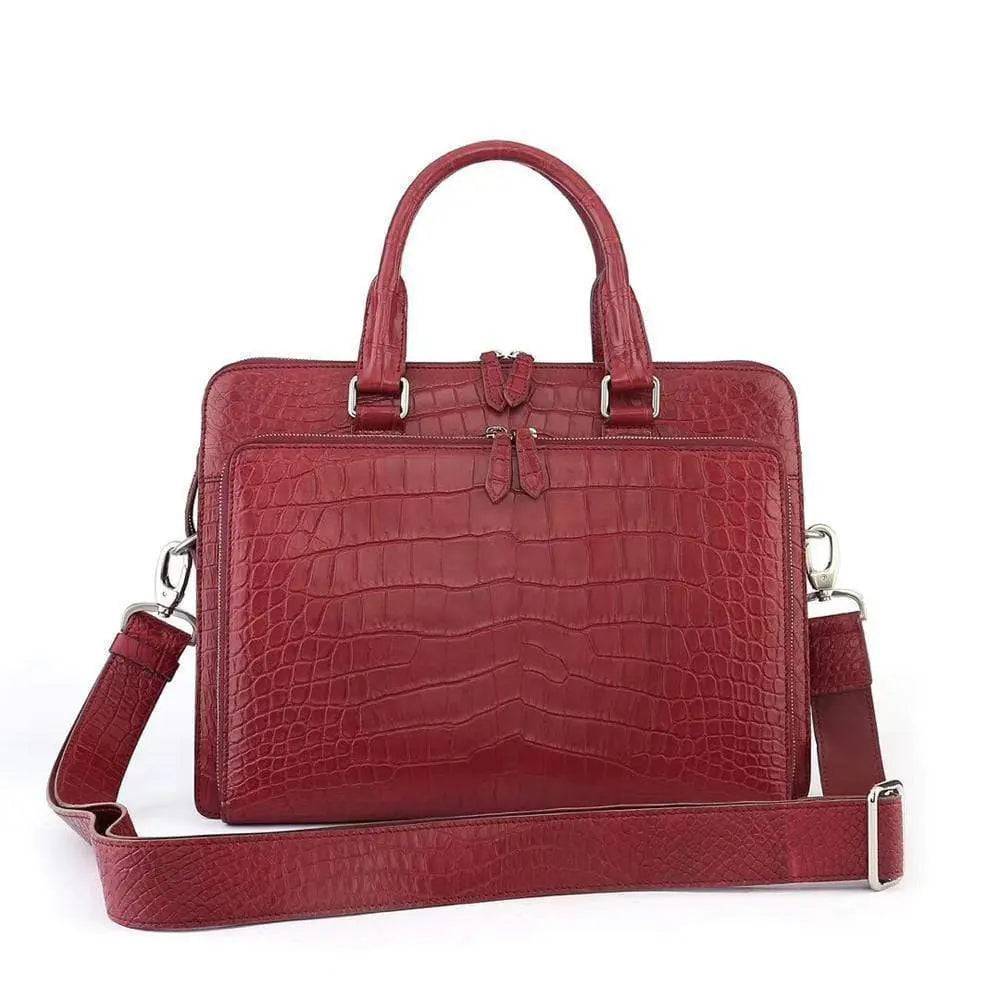 Men's Crocodile Leather Briefcase with Front Zip Pocket Red