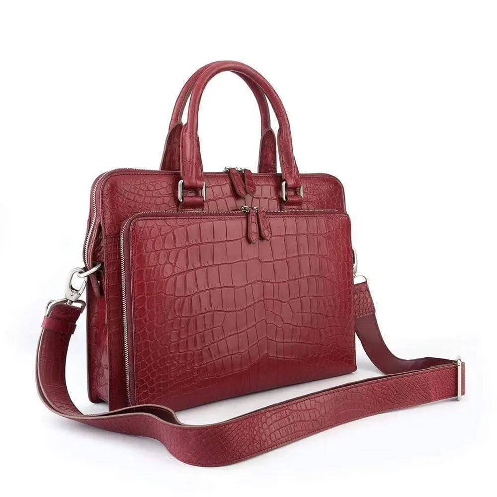 Men's Crocodile Leather Briefcase with Front Zip Pocket Red