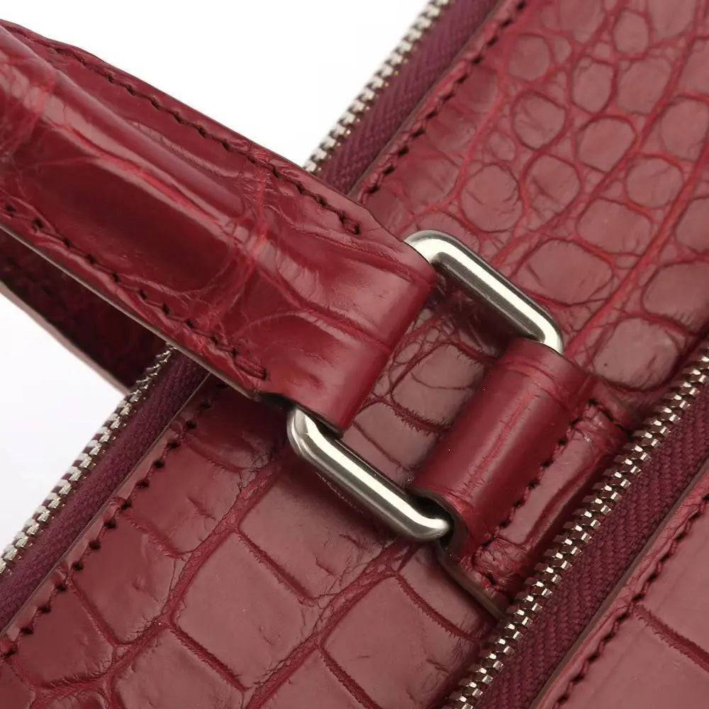 Men's Crocodile Leather Briefcase with Front Zip Pocket Red