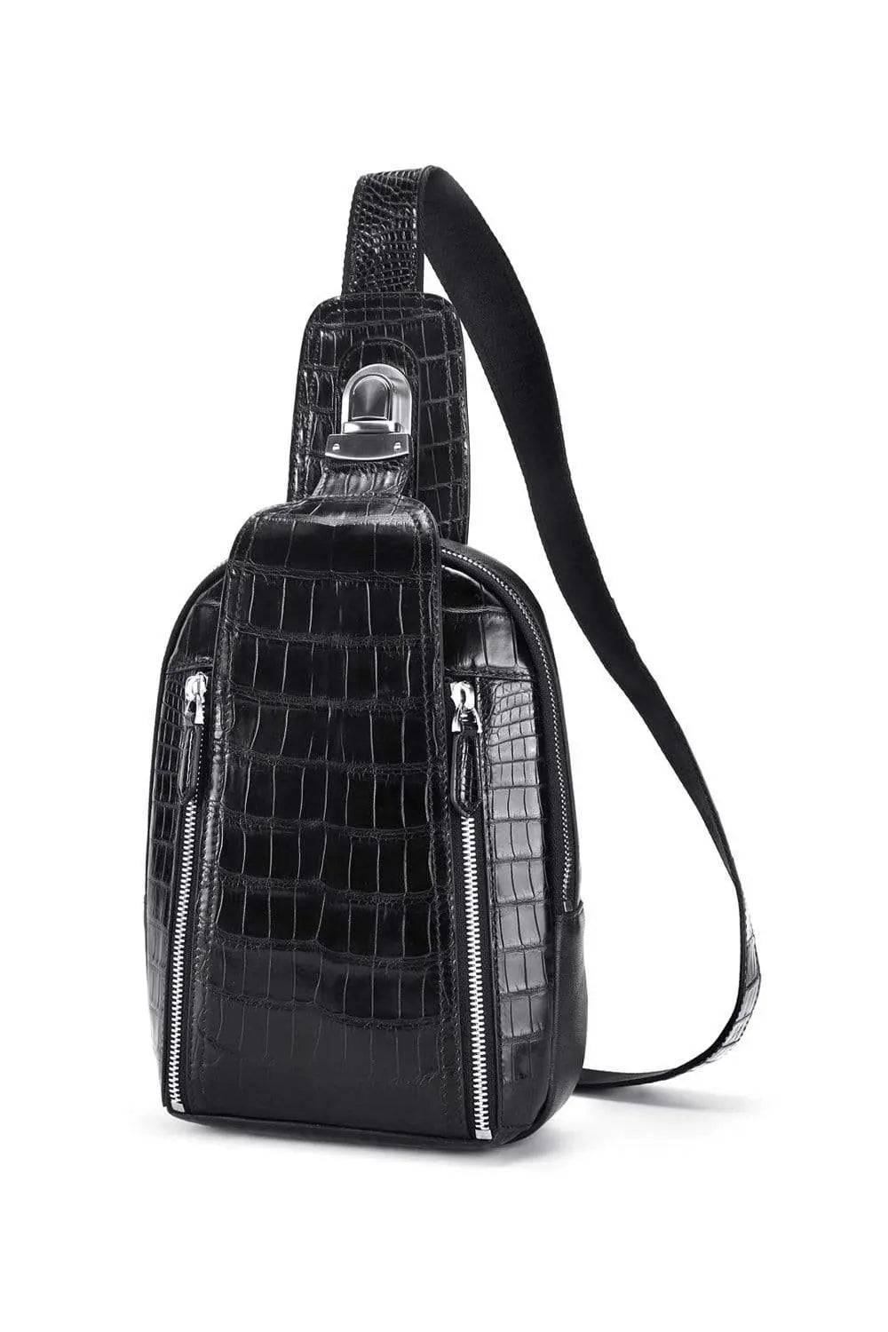 Mens Genuine Crocodile Leather Crossbody Shoulder Bag Casual Sling Chest Bag