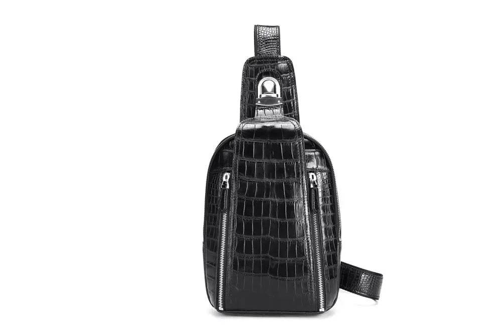 Mens Genuine Crocodile Leather Crossbody Shoulder Bag Casual Sling Chest Bag