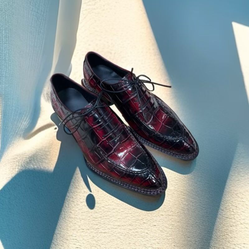 Crocodile Shoes Crocodile Leather Norwegian Sewn Lace Up Dress Shoes Vintage Wine Red
