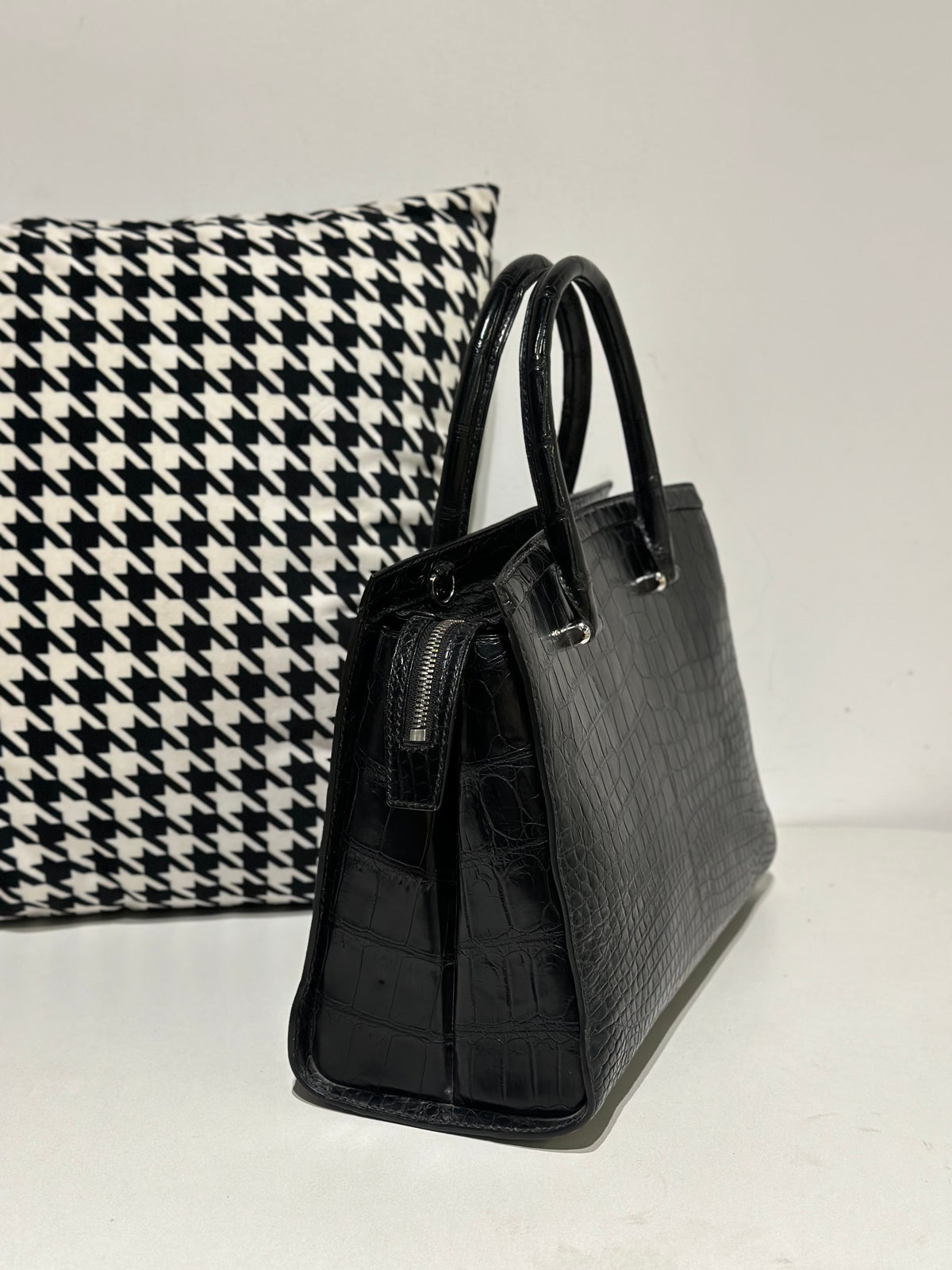 Crocodile Leather Top Handle Bag Black