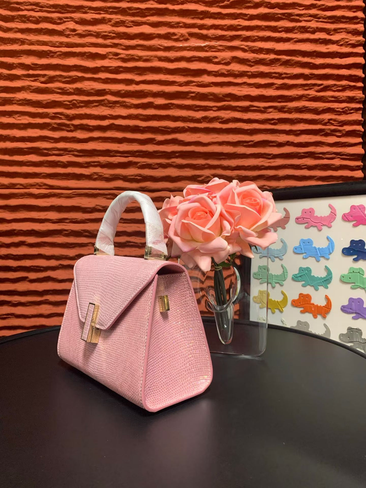 Women's Pink Sakura Lizard Skin Leather Top Handle Bags