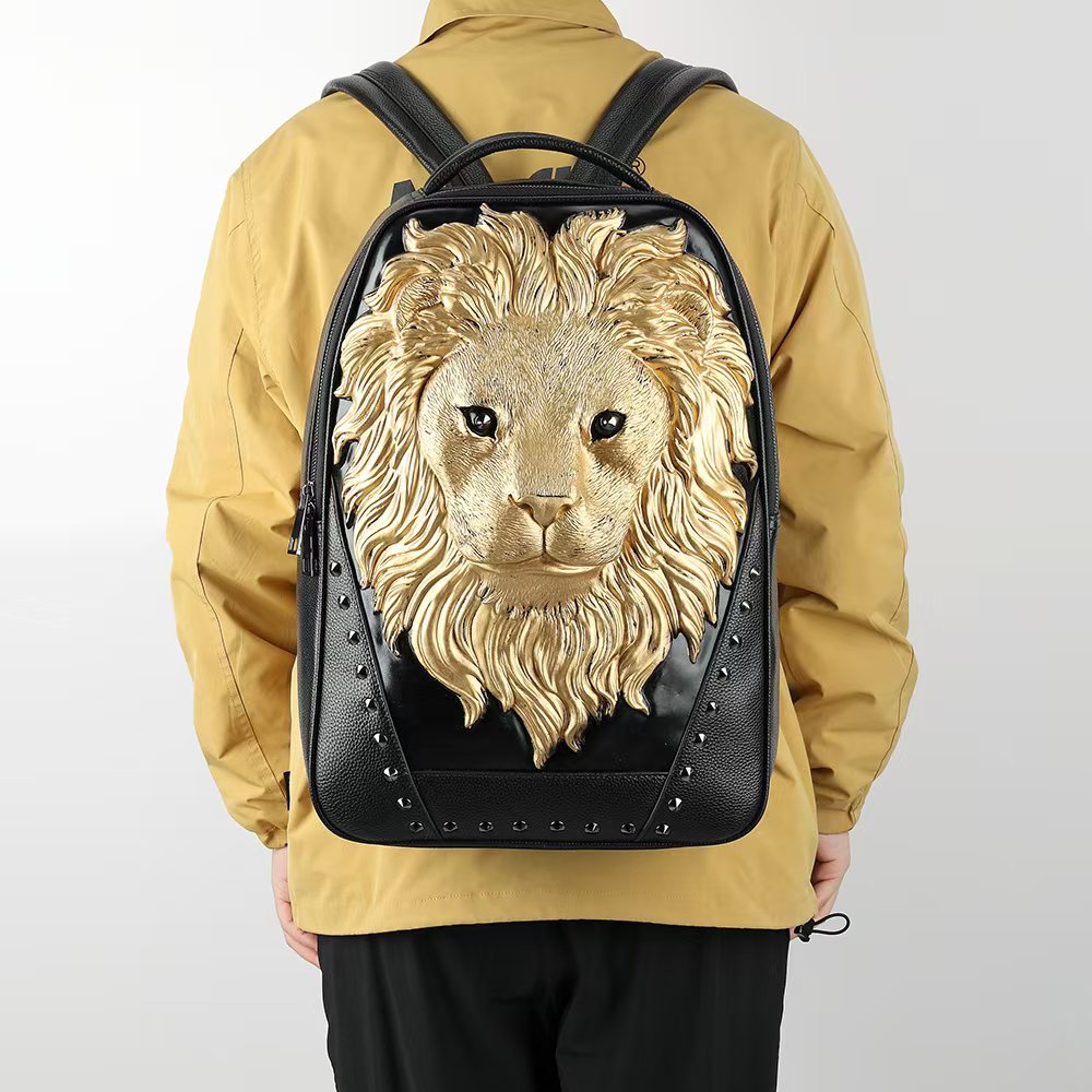 3D Leather Backpack 3D Lion Head Modeling outdoor Backpack Travel Computer Bags Small