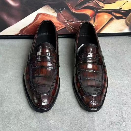 Crocodile Leather Loafer Shoes Vintage Brown