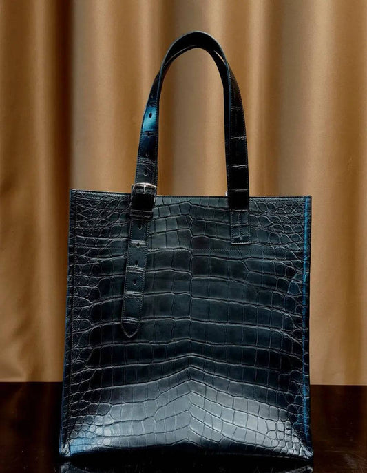 Preorder Unisex Black Crocodile Leather Large Shopper Tote Bag