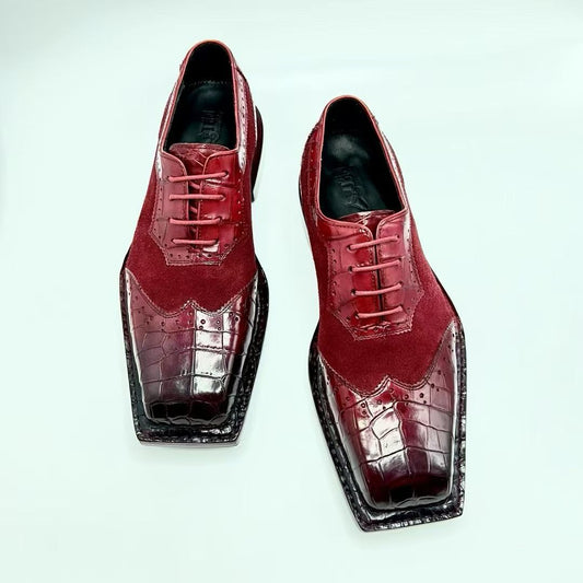 Genuine Crocodile Leather Square-Toe Classic Lace -Up Dress Shoes Wine Red & Vintage Tan