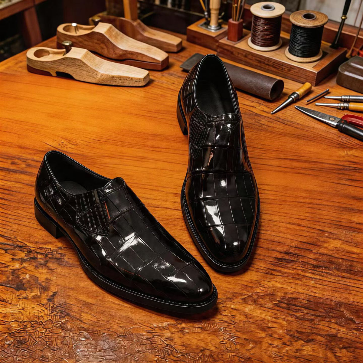 Crocodile Shoes Men's Crocodile Leather Loafer Dress Shoes Black