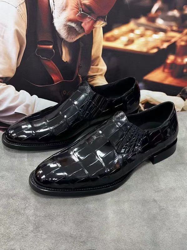 Crocodile Shoes Men's Crocodile Leather Loafer Dress Shoes Black