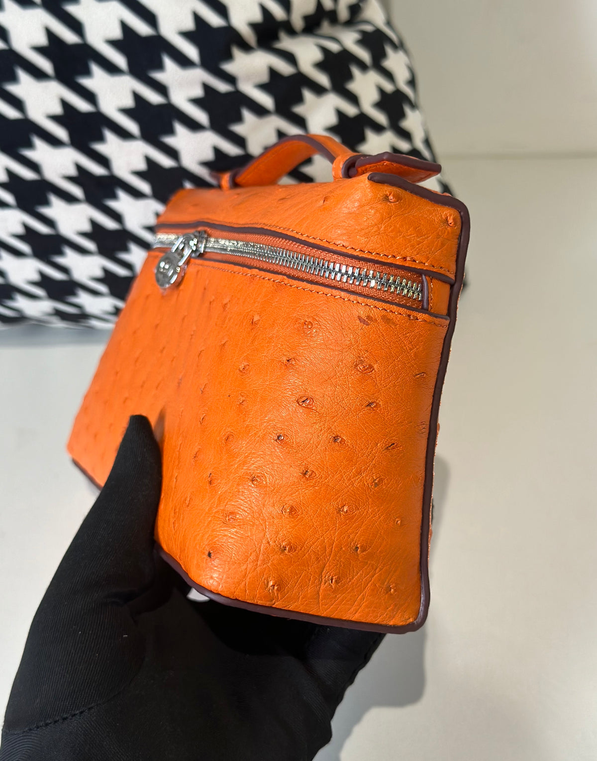 Genuine Ostrich Skin Leather Zipper Cosmetic Handle Bag