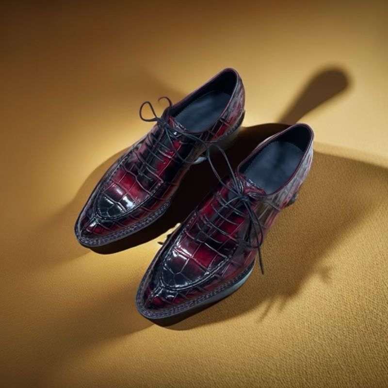 Crocodile Shoes Crocodile Leather Norwegian Sewn Lace Up Dress Shoes Vintage Wine Red
