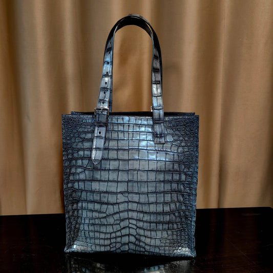 Unisex Vintage Grey Crocodile Leather Large Shopper Tote Bag