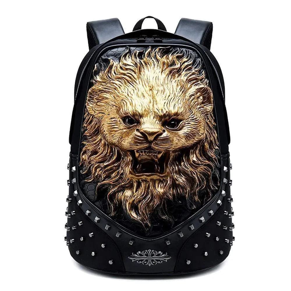 Studded Backpack 3D Unisex Zaino piccolo con leone felice in rilievo, modello alla moda, motivo trendy