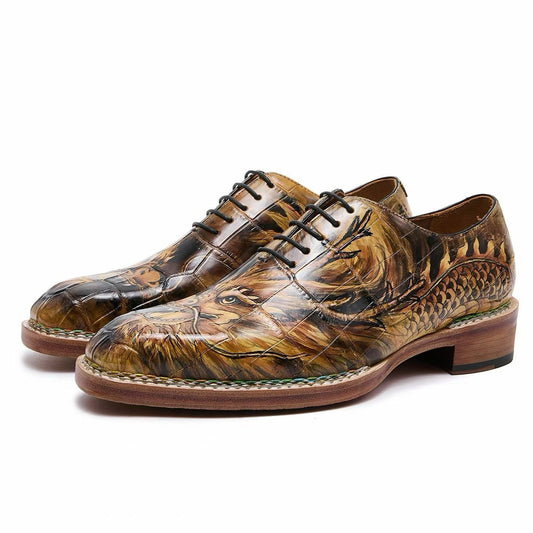 Crocodile Shoes, Men's Hand Painted Norwegian Crocodile Leather Business Lace Up Shoes