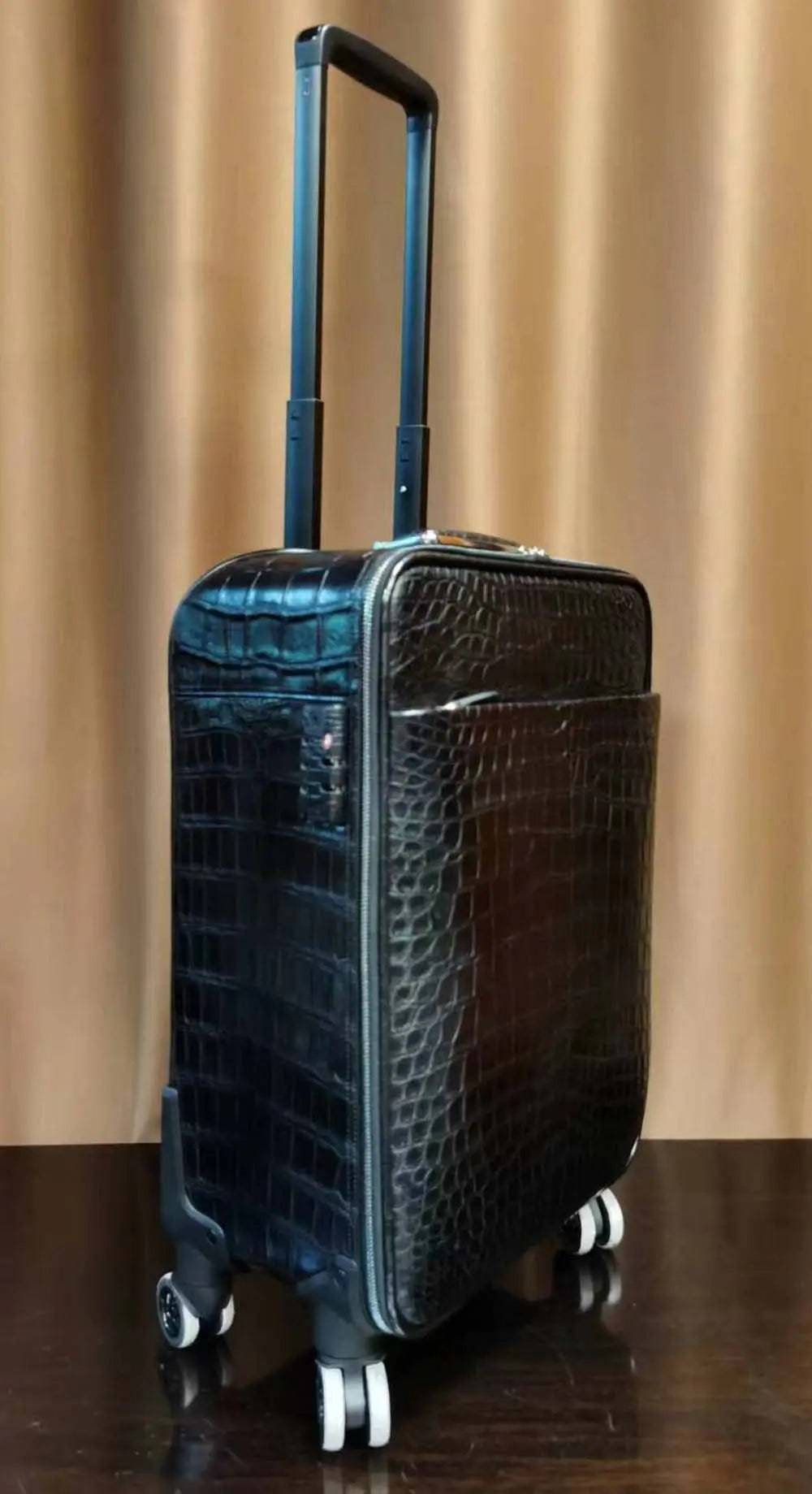 Preordine valigia trolley in pelle stampa coccodrillo / bagaglio da weekend/viaggio, ruote universali, 20 pollici, nero