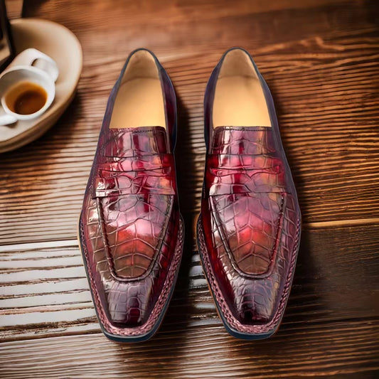 Crocodile Shoes, Men's Crocodile Shoes, Men's Norwegian Vintage Wine Red Crocodile Leather Slip-On Loafer Shoes