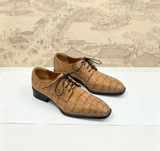 Crocodile Shoes, Men's Nubuck Crocodile Leather Business Lace Up Shoes