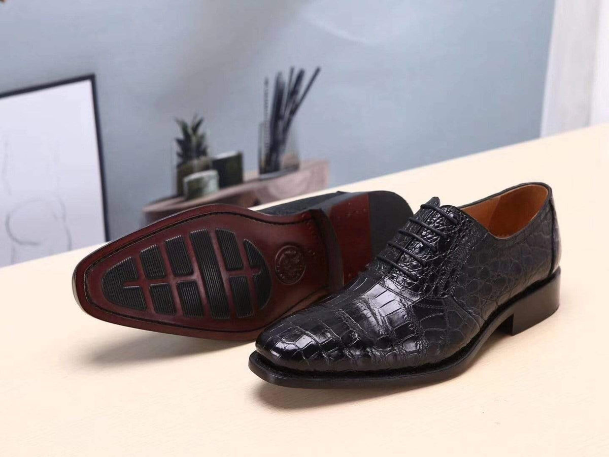 Crocodile Shoes Black Men's Crocodile Belly Leather Lace Ups Shoes- Men's Dress Shoe,Goodyear Sole