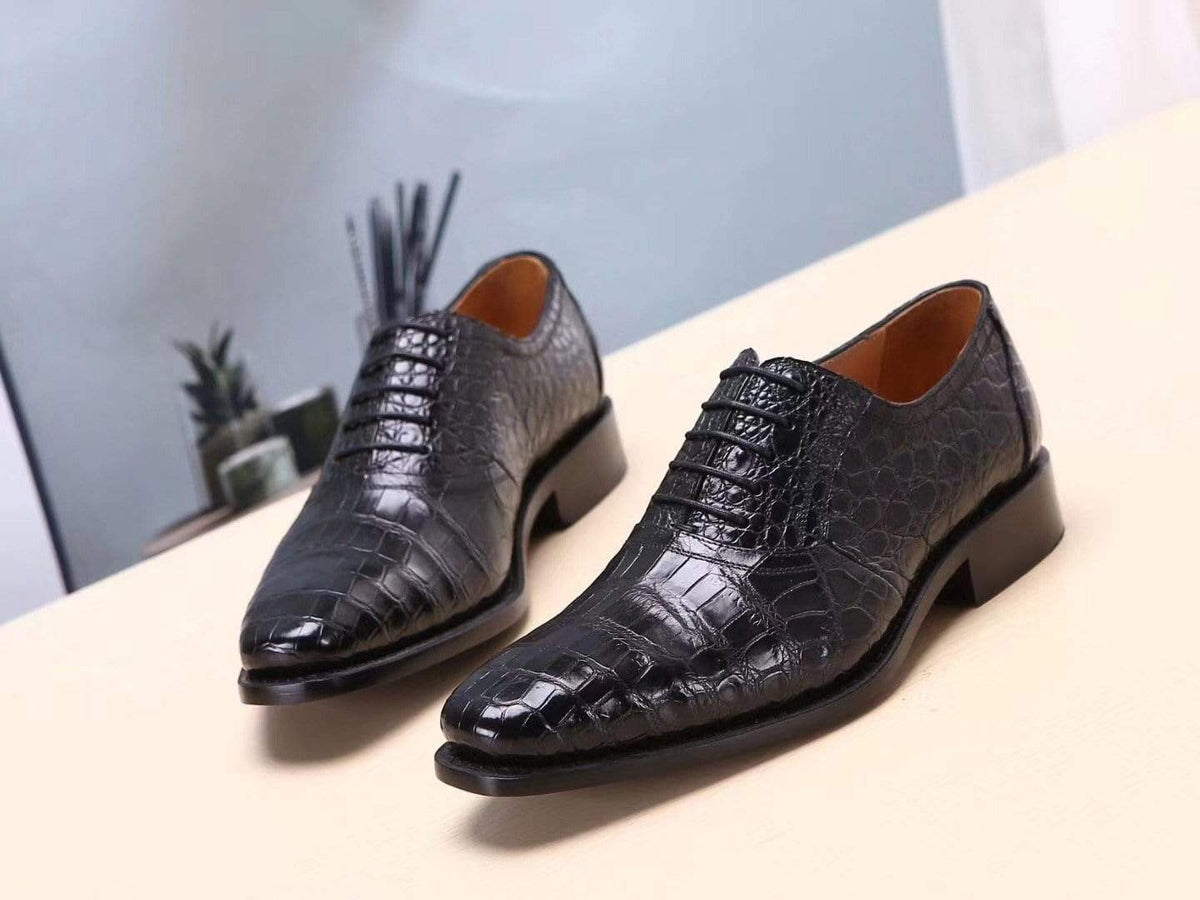 Crocodile Shoes Black Men's Crocodile Belly Leather Lace Ups Shoes- Men's Dress Shoe,Goodyear Sole