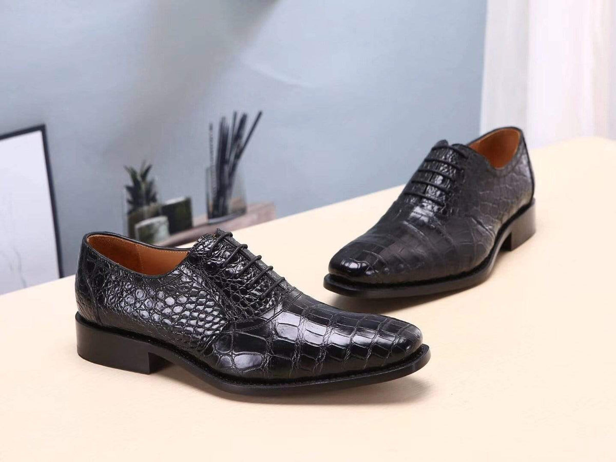 Crocodile Shoes Black Men's Crocodile Belly Leather Lace Ups Shoes- Men's Dress Shoe,Goodyear Sole