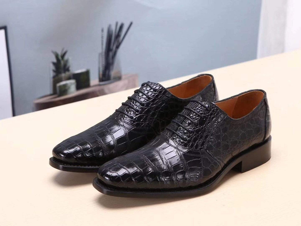 Crocodile Shoes Black Men's Crocodile Belly Leather Lace Ups Shoes- Men's Dress Shoe,Goodyear Sole