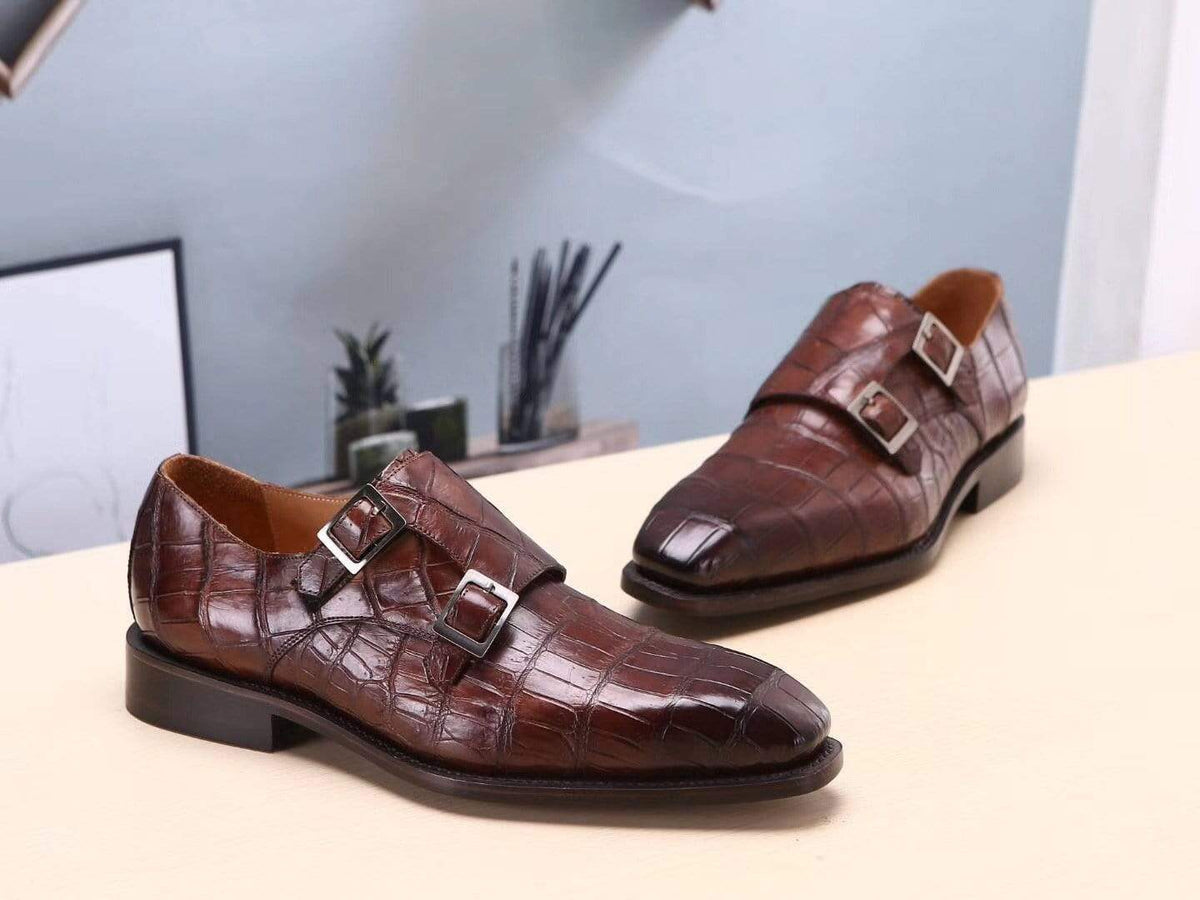 Crocodile Shoes Brown Mens Shoes Crocodile Belly Leather Monk Double Strap Dress Shoes,Goodyear Sole